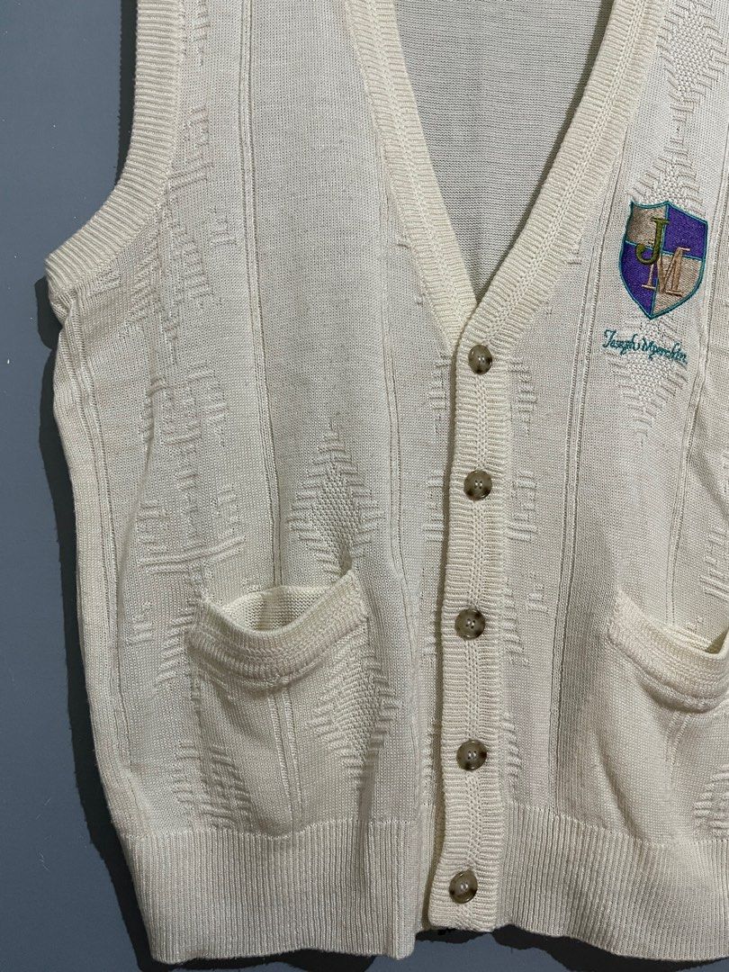 Joseph Myerchin White Knitted Button Down Sweater Vest | y2k basic preppy (Category: Vests) located in Antipolo. Submitted by kiksy.closet (Listing ID 1286327641, Image 3). Description: Joseph Myerchin White Knitted Button Down Sweater Vest | y2k basic preppy - Size: Large on tag (size runs big, best fits XL for men) - Flaw: w/ v minimal stain & lints Cream/dirty white color.