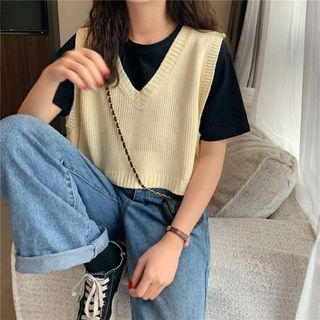 knitted sleeveless vest - waistcoat (APRICOT)