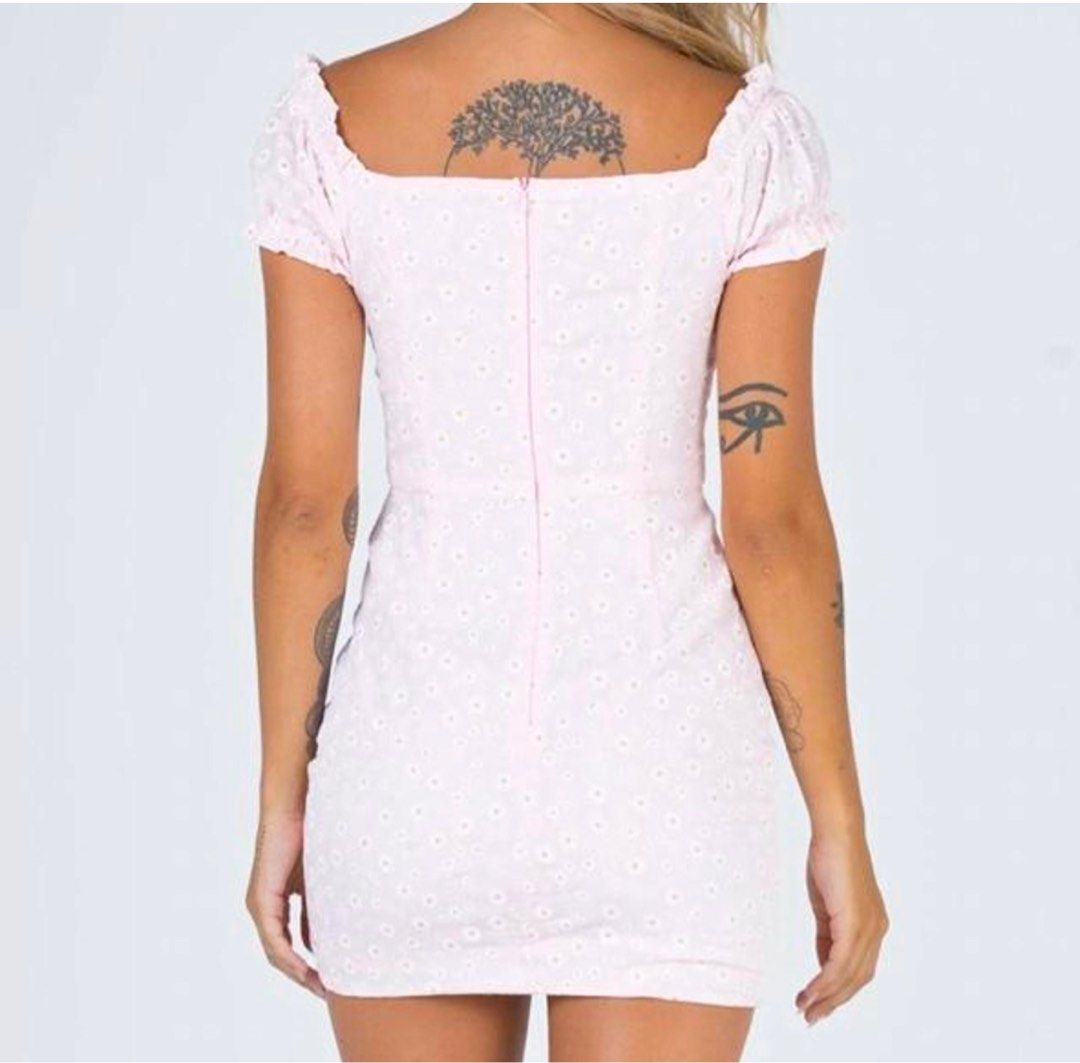 open lace back dress Princess Polly Women's South of France Floral Burnout Mini Dress - Yellow