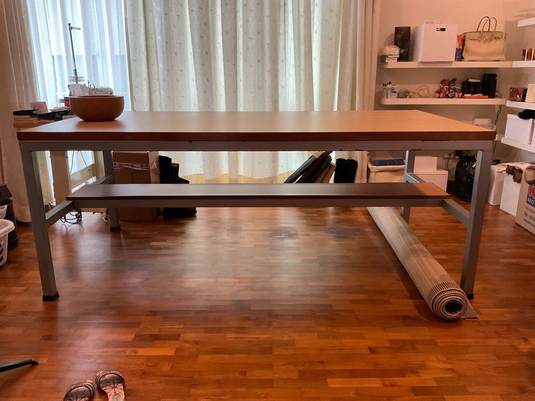 Work table (Category: Tables & Sets) located in Singapore. Submitted by buysky (Listing ID 1286266068, Image 1). Description: Custom made working (fashion design) table, also suitable as a statement piece table in a shop or studio. Weighty needs to be lifted by 3-4 men. Excuse the mess around the table. It has been moved to the groundfloor no need to be carried down. 220 x 110 height 87cm Lower plank 220 x 30 cm The top surface can be dismantled.