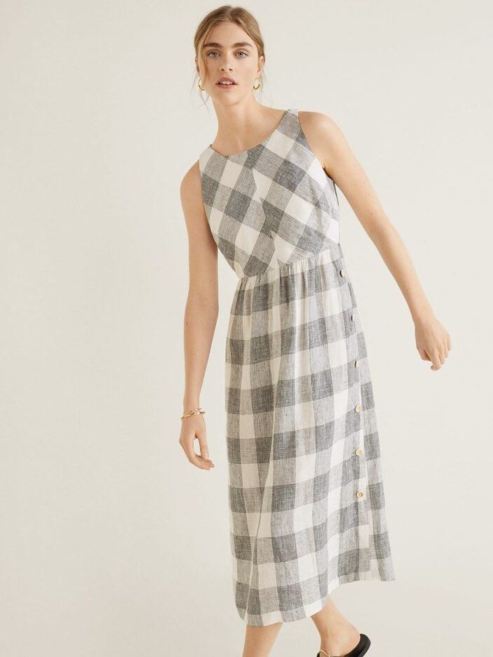 XS) MANGO Women White Black Checked A-Line Linen Dress, Women's