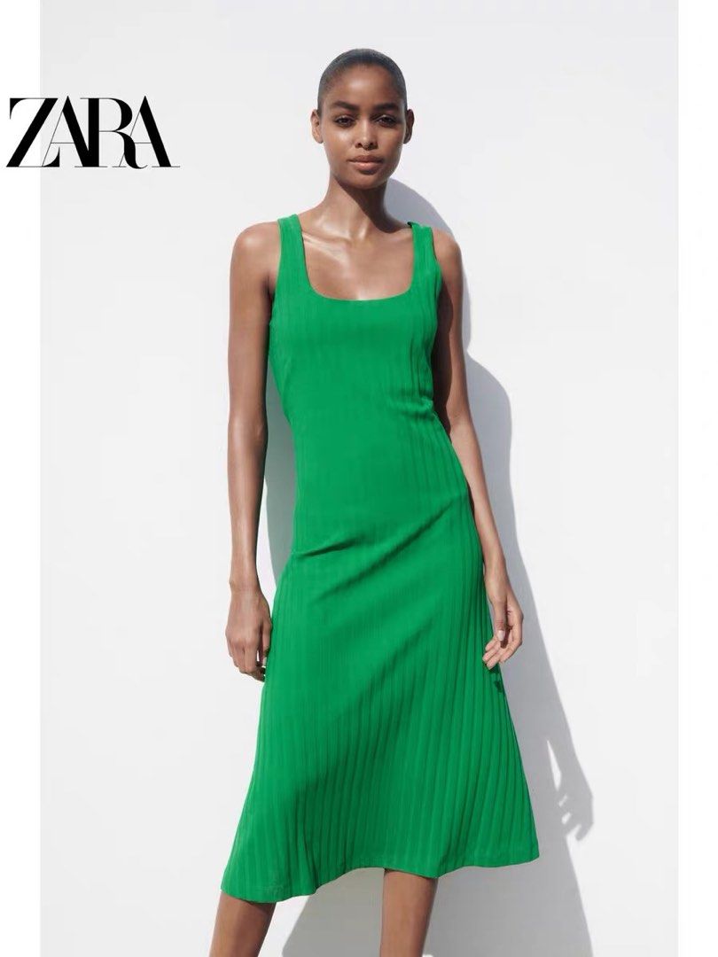 green emerald velvet dress Zara Women's Cotton Ribbed Bodycon Dress | S UK8
