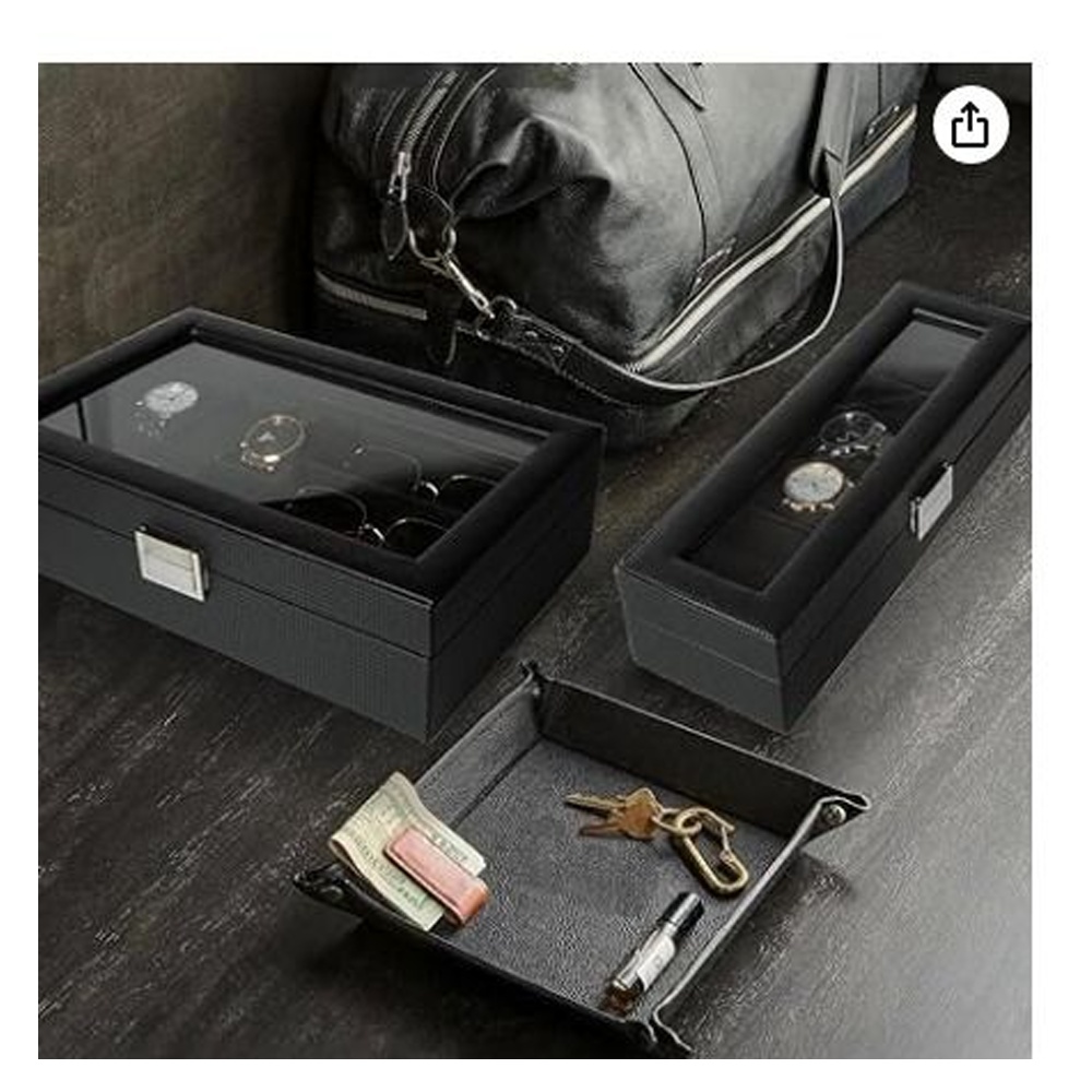6 Slot Watch Box Carbon Fiber Watch Display Case with Glass Lid