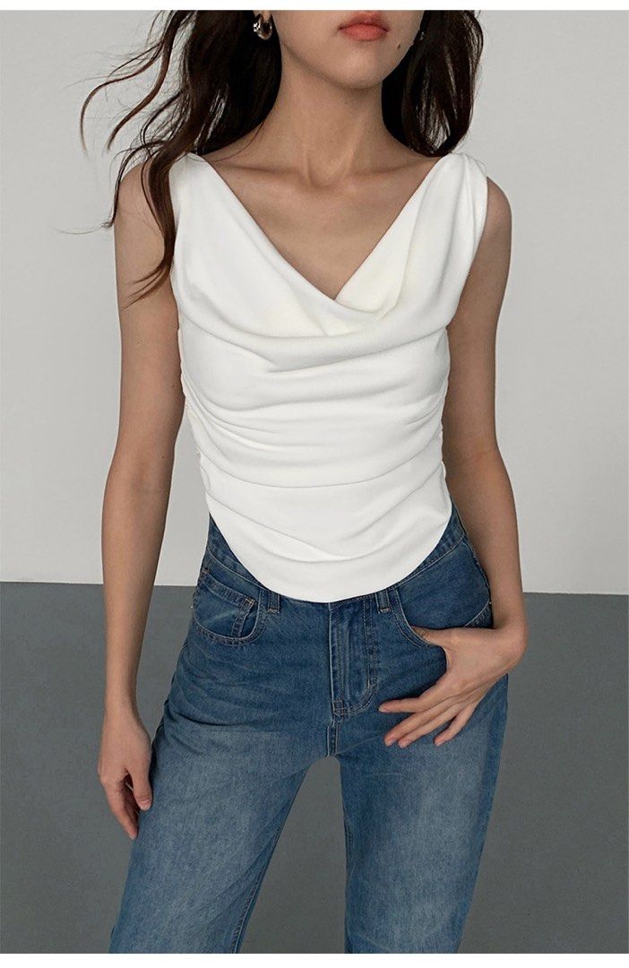 Jersey Side Ruched Sleeveless Drape Front Top