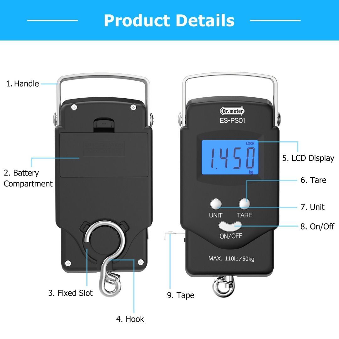 Backlit LCD Display]Dr.Meter ES-PS01 110lb/50kg Electronic Balance Digital  Fishing Postal Hanging Hook Scale with Measuring Tape, 2 AAA Batteries  Included 