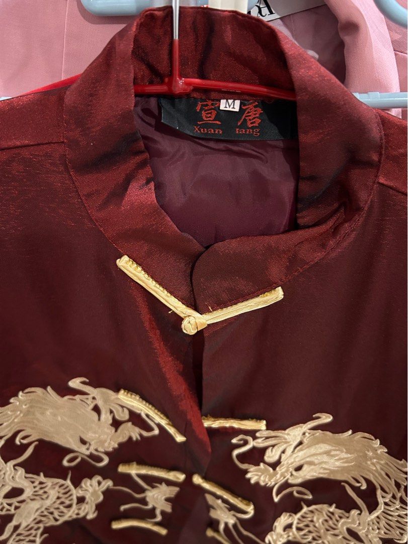 Maroon red dragon oriental wear / samfu, Men's Fashion, Tops & Sets ...