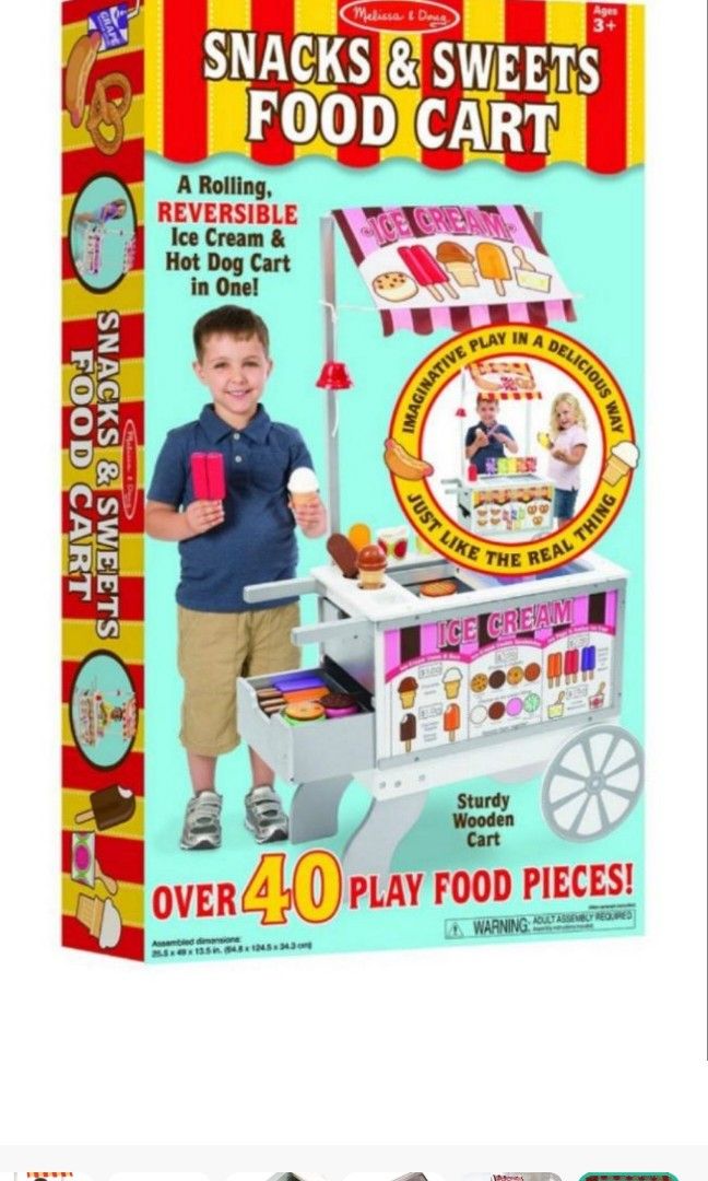 Melissa and dough ice cream cart (Category: Toys & Games) located in Singapore. Submitted by lotsa_things (Listing ID 1286467094, Image 1). Description: Missing 1 door of the drawer and a bar which holds the menu but doesn't affect play. No other missing/ damage item Item is heavy.