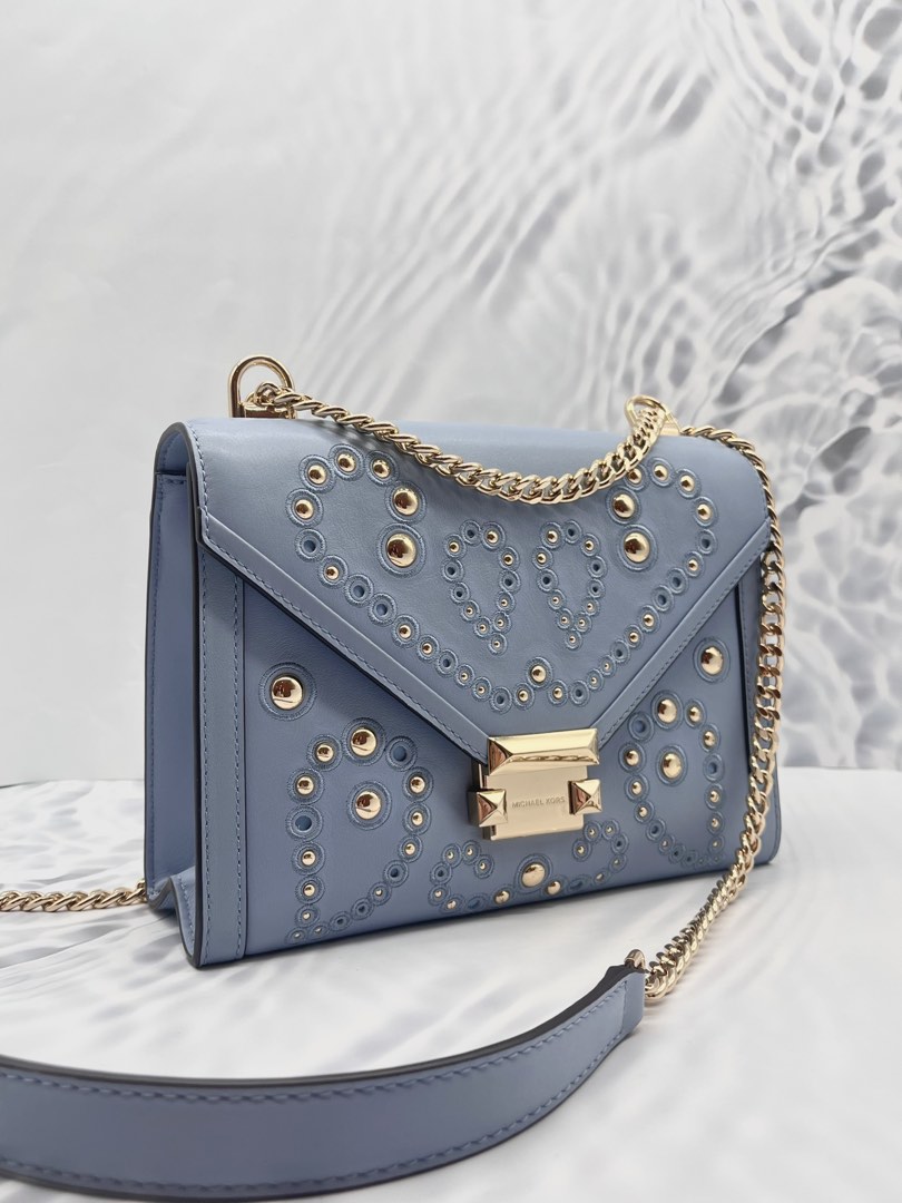 NEW YEAR SALE MICHAEL KORS WHITNEY STUDDED CHAIN BAG IN SKY BLUE CALFSKIN LEATHER