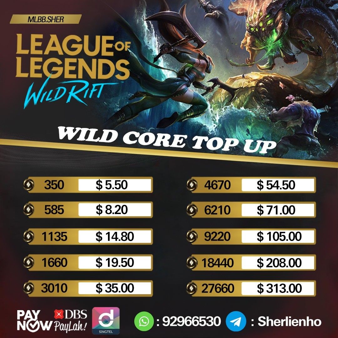 NO LOGIN] LEAGUE OF LEGENDS TOP UP Wild Rift Wild Core Top Up