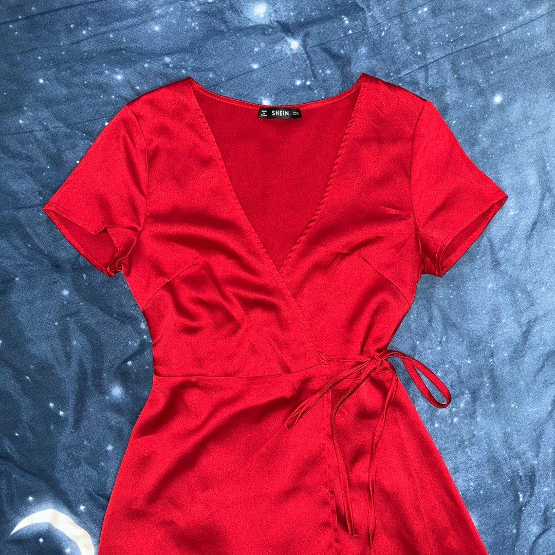 Red Satin Wrap Dress from SHEIN, Women's Fashion, Dresses Sets