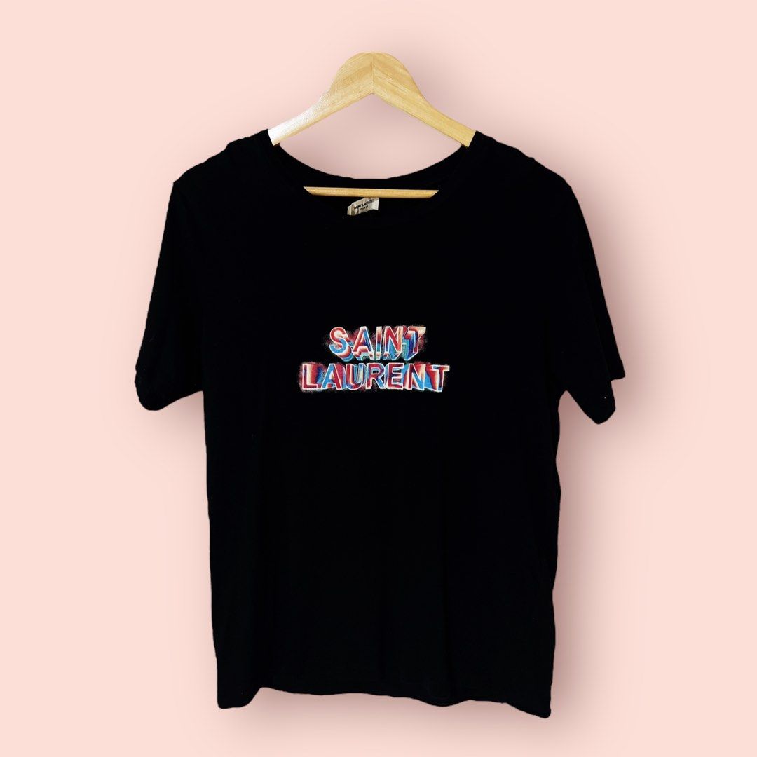 Saint Laurent Paris Short sleeve Black Neon print logo cotton t
