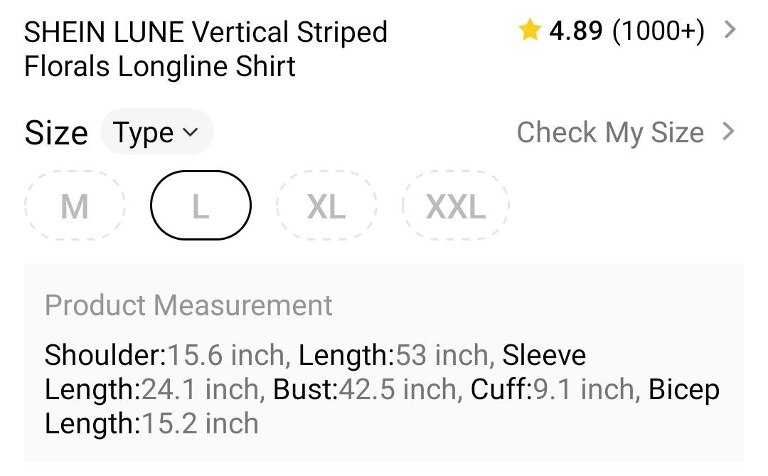 Shein size chart in inches online
