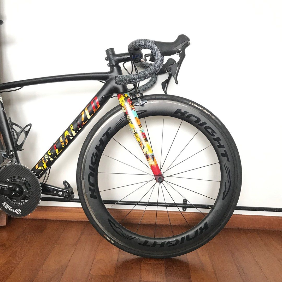 Specialized Allez Sprint LIMITED EDITION Graffiti frame (Size 49) with Knight wheelset (65mm) + Shimano R5 wheelset <> road bike (Category: Bicycles) located in Singapore. Submitted by kejiii (Listing ID 1286480014, Image 2). Description: Specialized Allez Sprint (Size 49) Limited Edition Graffiti Frameset: E5 Premium Aluminum frame (Size 49) with Allez D’Aluisio Smartweld Sprint Technology with Knight carbon wheelset (65mm) (see photo #2) Will t