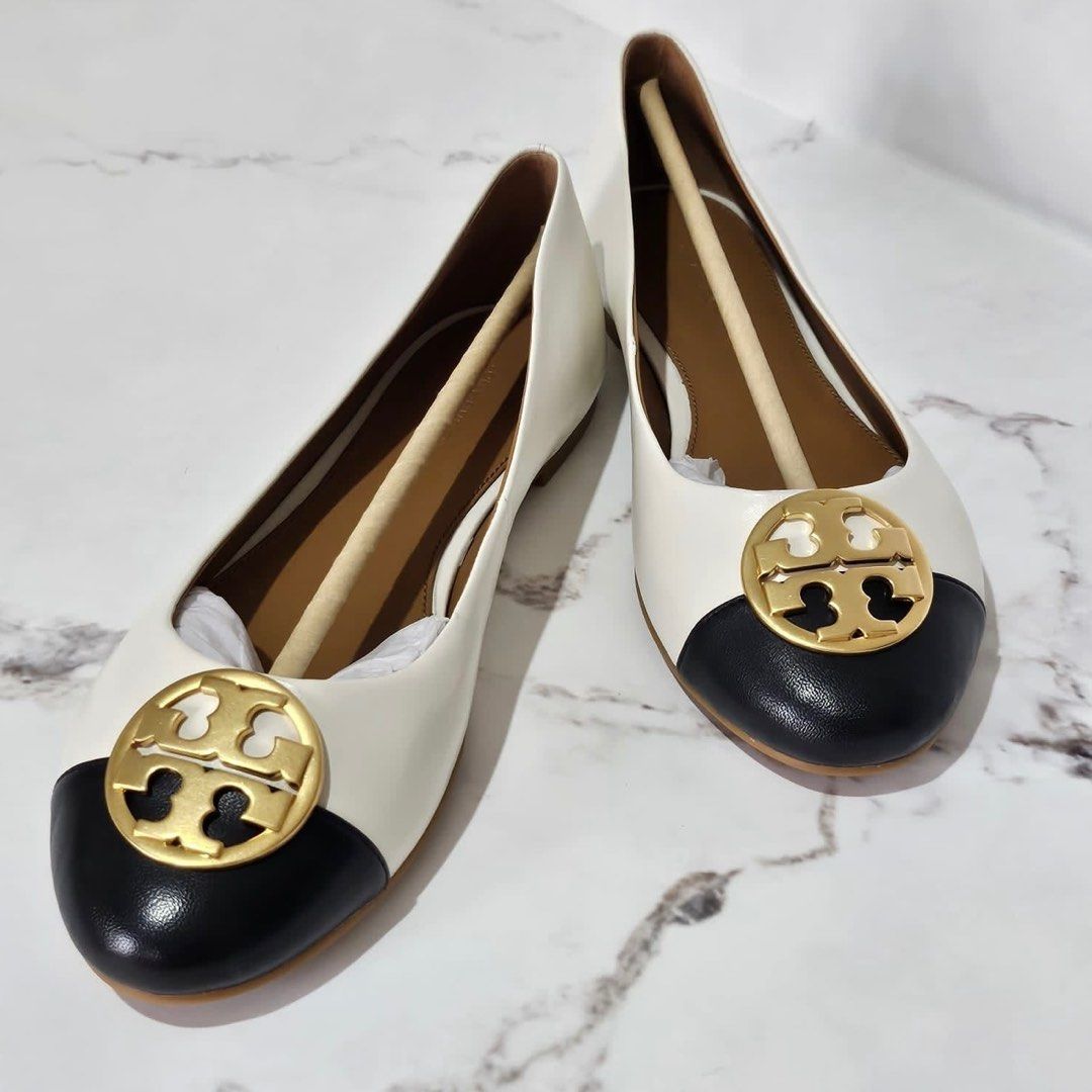 TB Tory Burch Chelsea Cap Toe Ballet Flat Shoes Size 6.5 Authentic Color New Ivory Perfect Black