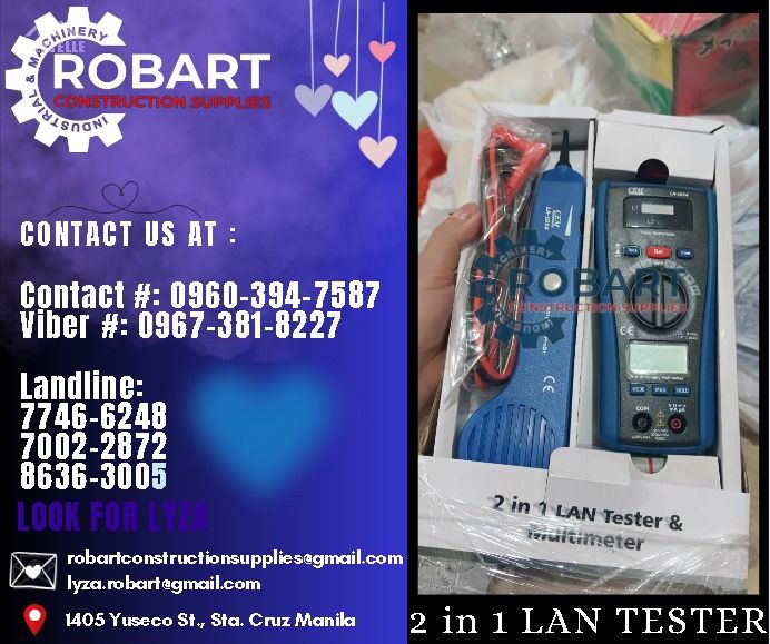 Tone Generator & Amplifier Probe + LAN Tester & Multimeter (Category: Construction Tools & Equipment) located in Manila. Submitted by lyzarobart1999 (Listing ID 1286501705, Image 1). Description: Tone Generator & Amplifier Probe + LAN Tester & Multimeter Model: LA-1014 Brand: CEM 𝐒𝐄𝐍𝐃 𝐔𝐒 𝐌𝐄𝐒𝐒𝐀𝐆𝐄 𝐅𝐎𝐑 𝐈𝐍𝐐𝐔𝐈𝐑𝐈𝐄𝐒 ‼️ 0 9 6 7 3 8 1 8 2 2 7 0 9 6 0 3 9 4 7 5 8 7 𝐋𝐚𝐧𝐝𝐥𝐢𝐧𝐞 𝐍𝐮𝐦𝐛𝐞𝐫𝐬: 𝟕 𝟕 𝟒 𝟔 - 𝟔 𝟐 𝟒 𝟖 / 𝟕 𝟎 