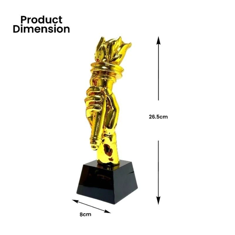 Torch Crystal Trophy (Category: Other Sports Equipment and Supplies) located in Manila. Submitted by ariesmediamusicsports (Listing ID 1286516618, Image 2). Description: This elegant trophy features a captivating design with a resin figure holding a torch aloft. The torch symbolizes enlightenment, progress, and leadership. The figure, coated in a lustrous gold finish, exudes a sense of accomplishment and triumph. The trophy stands at a height of 