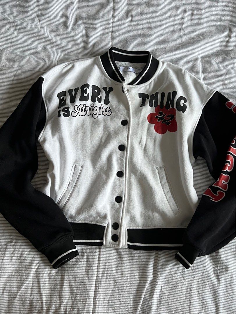 vintage retro groovy bershka varsity black white bomber jacket