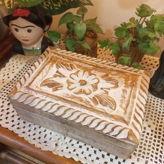 Vintage whitewash hand carved wood box jewelry box trinket box rosary box