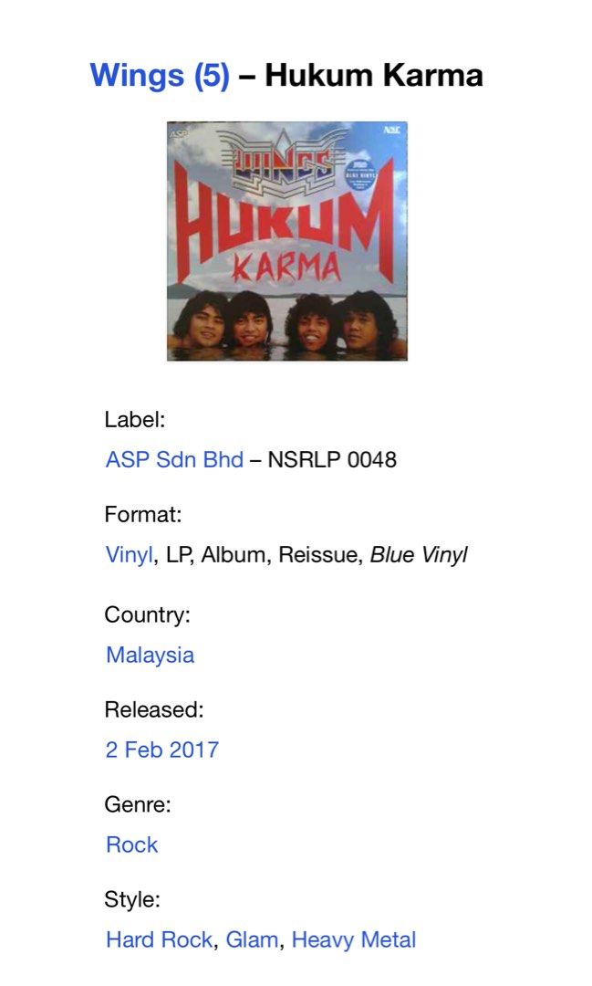WINGS HUKUM KARMA BLUE VINYL, Hobbies & Toys, Music & Media, Vinyls on Carousell