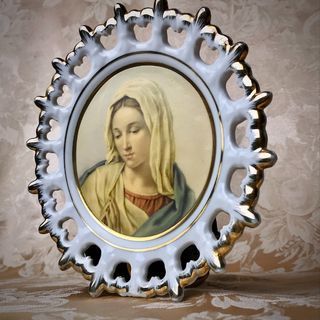 ✨1960s 24K GOLD-TIPPED ITALIAN BAROQUE PAINTED MADONNA IN PRAYER Reticulated Open Ceramic Lacework Display Hanging Artwork Plate