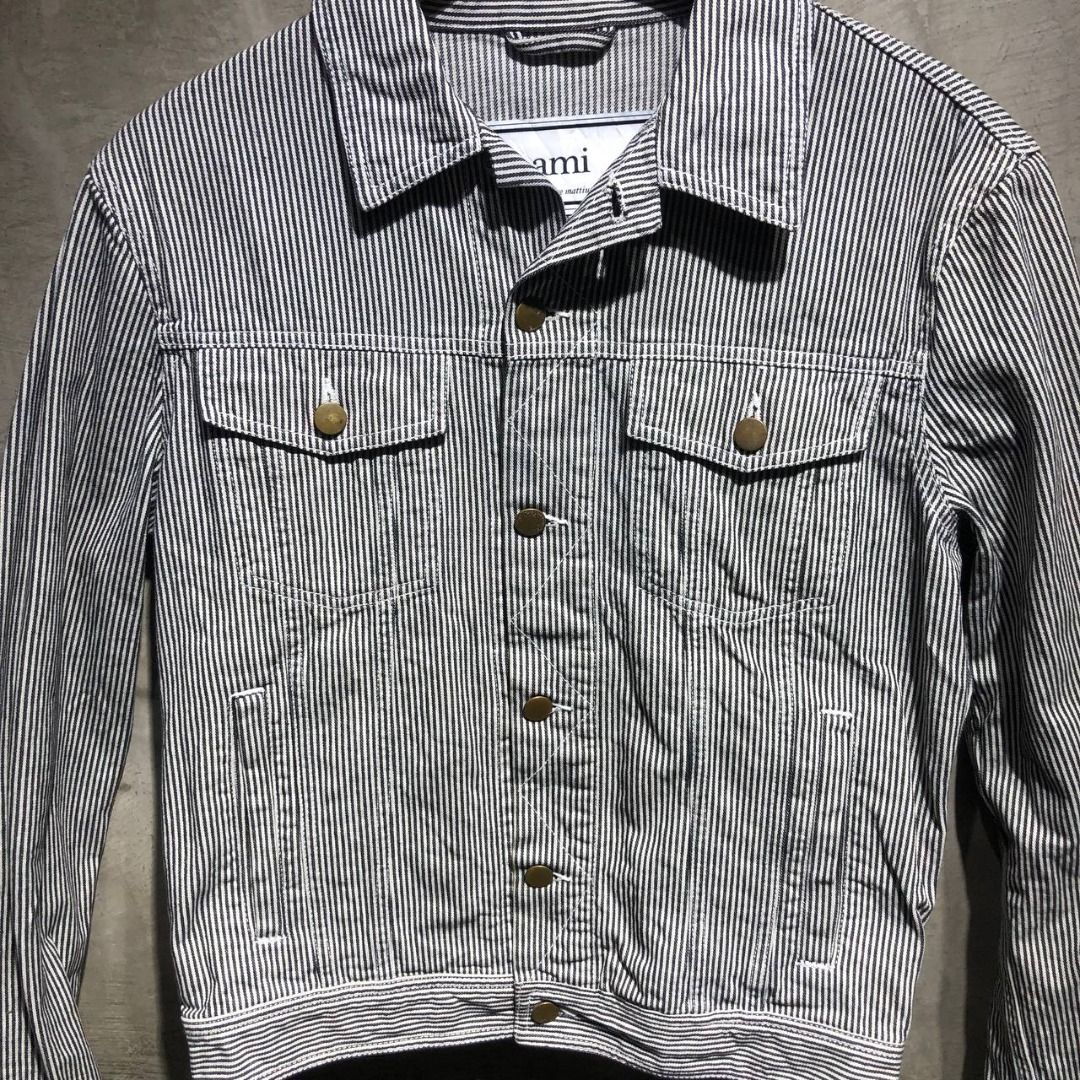 Ami Paris Alexandre Mattiussi Denim striped jacket (Category: Luxury Apparel) located in Quezon City. Submitted by johnpaulperezzz (Listing ID 1286682893, Image 2). Description: NAME: Ami Paris Alexandre Mattiussi Denim striped jacket COLOR: Black white SIZE: Small on tag FIT: Small Dimension: Width: 21 Length: 23 Shoulder: 18 Sleeves: 23 Hem: 18 CONDITION: 8/10 ISSUE: -stain at the back of the hem PRICE: 10k .