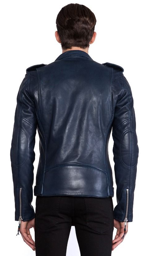 Mens blue shop leather biker jacket