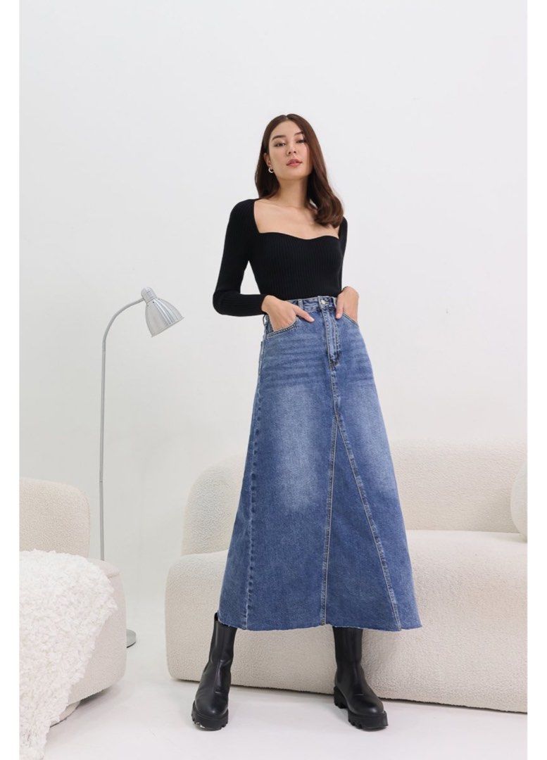 BNWT BNWT ROTATION RAW HEM DENIM A LINE MAXI SKIRT REGULAR DARK WASHED IN SIZE XS Women s Fashion Bottoms Skirts on Carousell