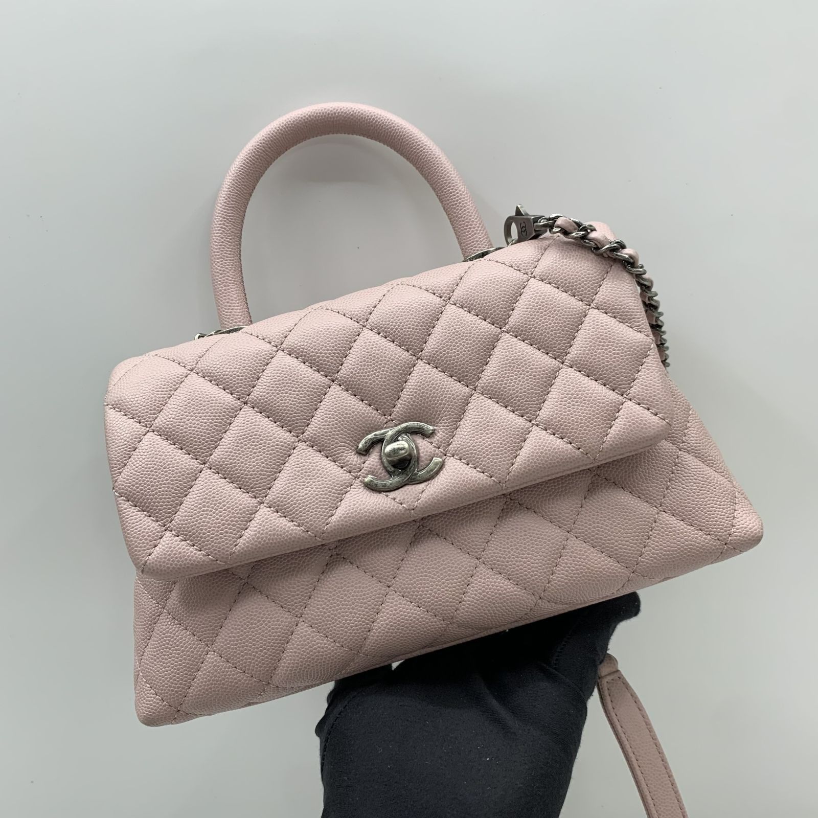 CHANEL A92990 CAVIAR SKIN PINK COCO HANDLE XS NO.23 W CARD TOP