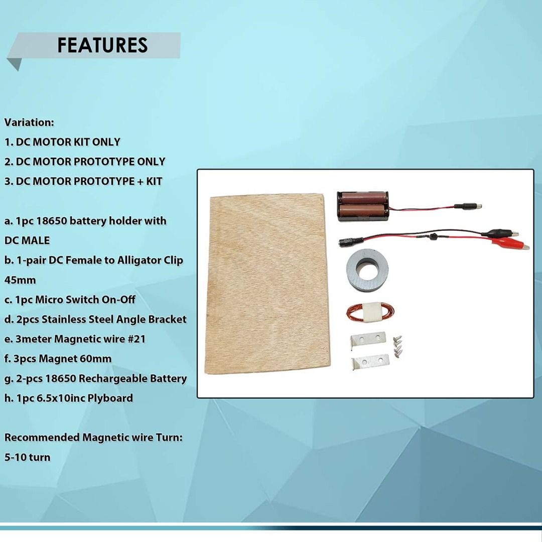 DIY DC MOTOR HAND MADE, FOR EXPERIMENT SCIENCE SCHOOL PROJECT (Category: Electrical, Adaptors & Sockets) located in Quezon City. Submitted by besteinpc (Listing ID 1286417781, Image 2). Description: DIY DC MOTOR HAND MADE, FOR EXPERIMENT SCIENCE SCHOOL PROJECT FEATURES: Variation: 👉1. DC MOTOR KIT ONLY 👉2. DC MOTOR PROTOTYPE ONLY 👉3. DC MOTOR PROTOTYPE + KIT 👉a. 1pc 18650 battery holder with DC MALE 👉b. 1-pair DC Female to Alligator Clip 45m