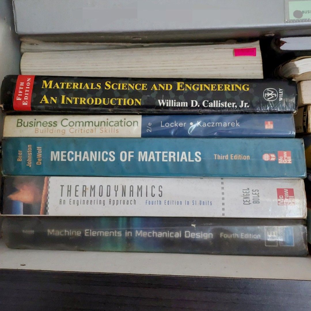 Engineering Books (Category: Textbooks) located in Singapore. Submitted by joe_karousell (Listing ID 1286650321, Image 1). Description: Used in 2002 to 2006 for engineering tertiary education at local university. *SOLD* Mechanics of Material, 3rd Edition *SOLD* Thermodynamics *SOLD*Materials Science The rest remains.