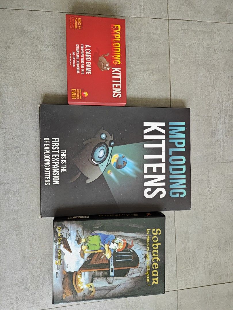 Exploding imploding kittens sobutear (Category: Board Games & Puzzles) located in Singapore. Submitted by jirun27 (Listing ID 1286657600, Image 1). Description: exploding kittens $9.90 sold expansion pack $4.90 sold sobutear $4.90.