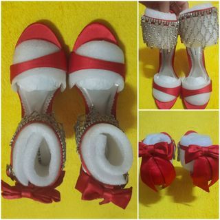 Gibi Red Pageant Heels / High Heels / Formal Shoes with Rhinestones and Ribbons