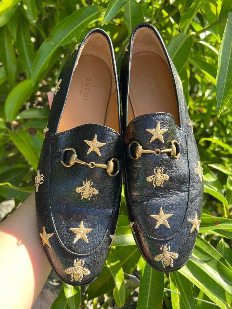 Gucci Jordaan Embroidered Bee Leather Loafers EUR37 US6.5 7 Authentic