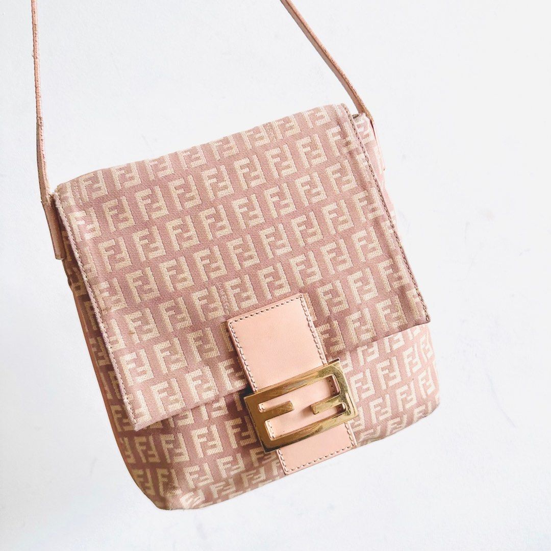 LIKE NEW Fendi Pink GHW Zucca FF Monogram Logo Flap Shoulder Sling Bag Authentic