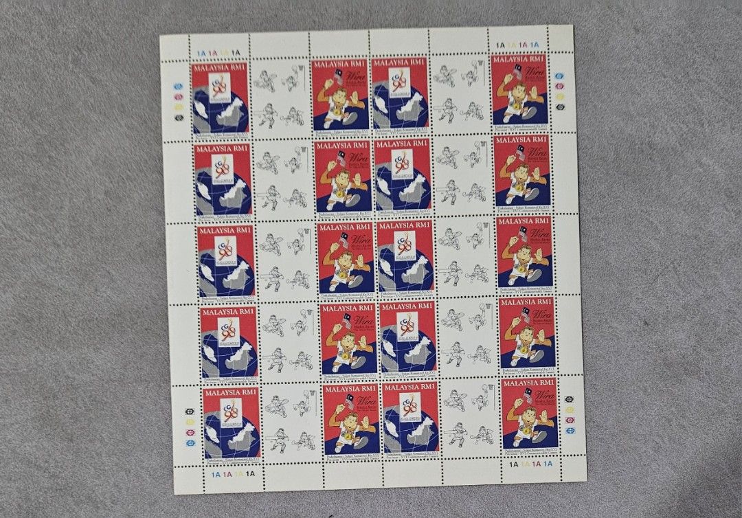 Malaysia 1994 16th Commonwealth Games, Kuala Lumpur 1998 complete sheet of  20 stamps + 10 Labels, Hobbies & Toys, Collectibles & Memorabilia, Stamps &  Prints on Carousell