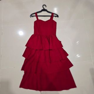 Midi Red  Dress with Tiered Skirt