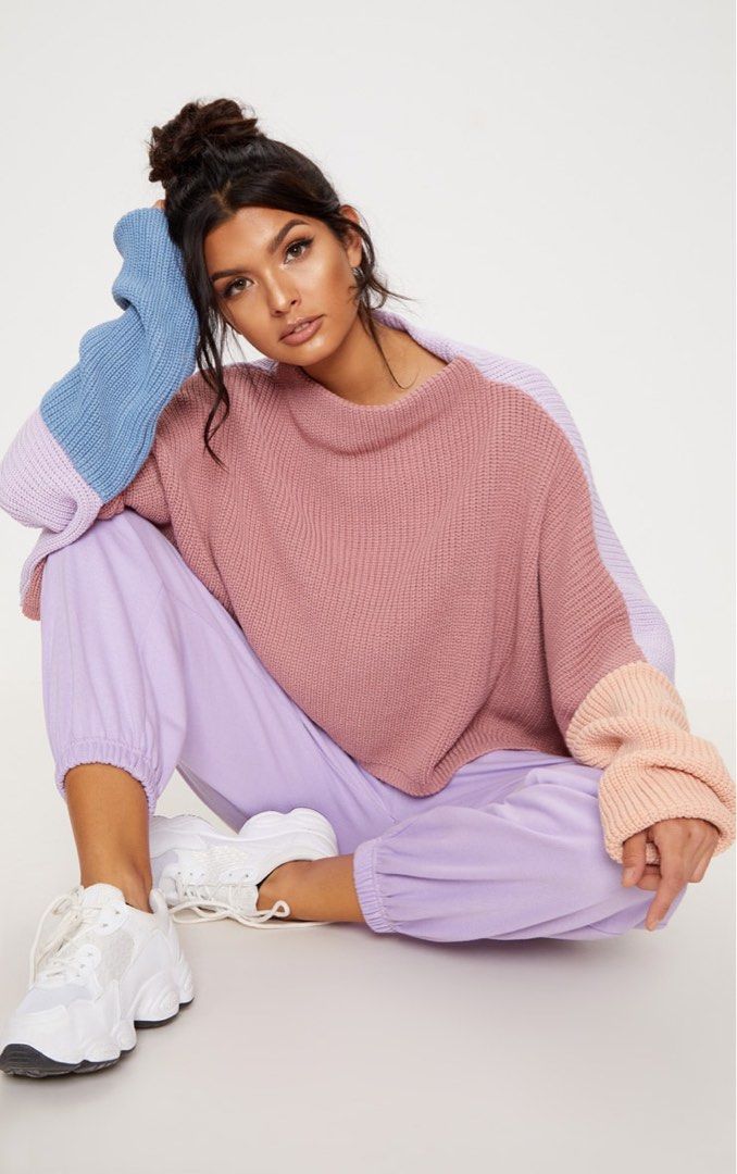 Pretty Little Things PLT Pink Multi Pastel Oversized Color Block Jumper Cropped Knitted Sweater Top Women s Fashion Tops Other Tops on Carousell