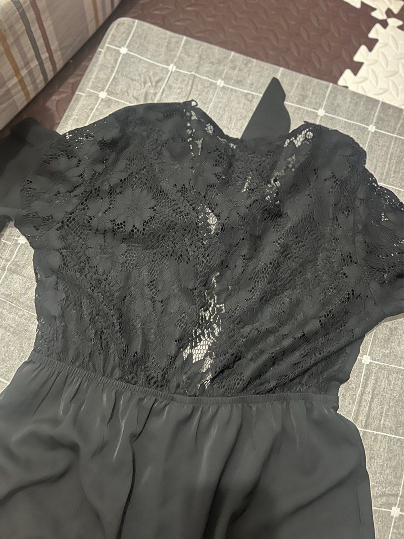 Shein Black lace romper (Category: Rompers) located in Quezon City. Submitted by skyleeeee (Listing ID 1286823855, Image 3). Description: Black lace romper bell sleeves tie front style sexy lace see through at the back can fit Med to semi XL Payment options: Gcash Unionbank BPI Lala.move. pick up S.hopee. checkout Loc. Cubao QC.