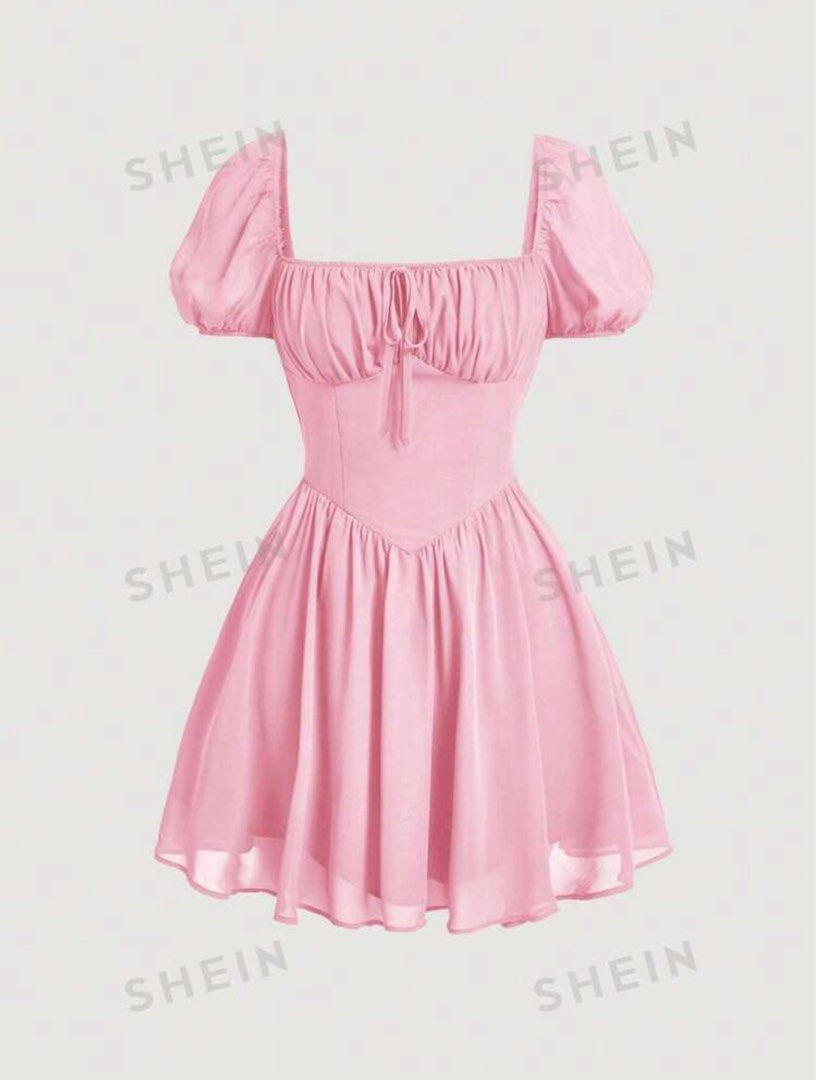 SHEIN Plus Floral Puff Sleeve Split Hem Dress - Pink Shop