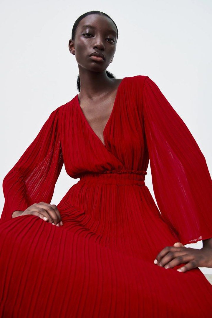 strapless open back dress Zara Square Neckline Box Pleated Dress main image 1
