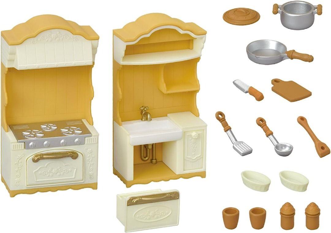 Sylvanian Families Furniture Kitchen Stove Cupboard Island Microwave Refrigerator Table Doll House Accessories (Category: Kids Toys) located in Quezon City. Submitted by cloverlaneph (Listing ID 1286748738, Image 3). Description: Order Form: https://cloverlaneph.myshopify.com/ On Hand in Manila, Ready to Ship Brand New and Sealed Authentic Sylvanian Families from Japan Kitchen Stove Sink: 799 PHP [Set Contents] Sink Unit, Drawer, Dish Holder, Sto