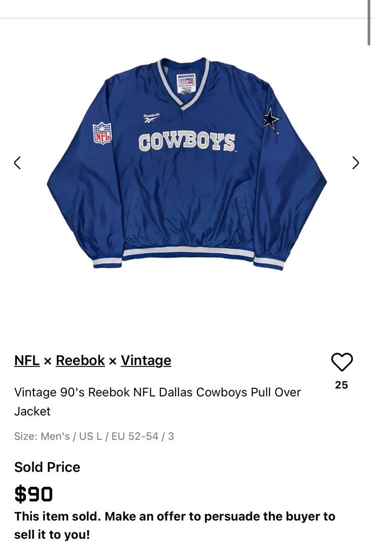 Vintage 90s Reebok NFL Dallas Cowboy Pull over Jacket (Category: Coats, Jackets and Outerwear) located in Bago City. Submitted by thekasproject (Listing ID 1286760406, Image 1). Description: NFL × Reebok × Vintage Vintage 90’s Reebok NFL Dallas Cowboys Pull Over Jacket XL Excellent condition 3,500 negotiable.