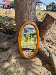 vintage wooden round hanging mirror
