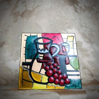 🍇 ROMERO BRITTO Styled Recycled Metal Shavings Enameled Metalwork Décor Tile Stained Glass Rendering For Kitchen or Wine Cellar Art Accent Piece