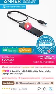 Anker 4-Port USB 3.0 Ultra Slim Data Hub for Laptops and Desktops