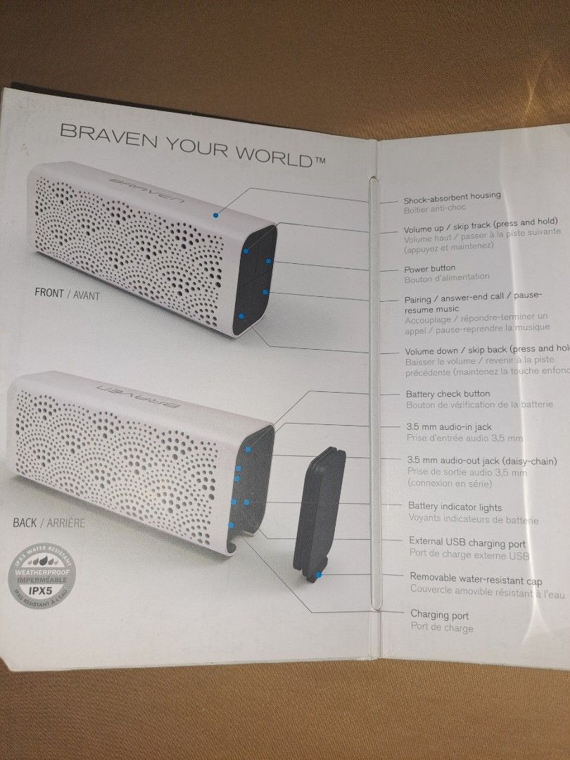 Braven bluetooth speaker (Category: Soundbars, Speakers & Amplifiers) located in Quezon City. Submitted by rabbittt75 (Listing ID 1287021607, Image 2). Description: Portable bluetooth and weatherproof (ipx5) speaker with 12 hour playtime Built-in mic and noise-cancelling speakerphone 1400mah portable power bank for power on the go (1a usb output). Truewireless left and right stereo pairing with 2nd braven 7-series speaker. Never Miss a Call:Take 