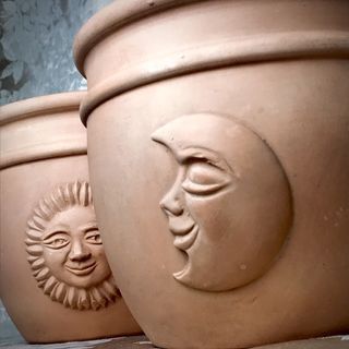 CIGALE & FOURMI Handmade Italian Vase Erba Con Sole e Luna - Bas Relief Embellished Tuscan Terracotta Vessels - Decorative Pots