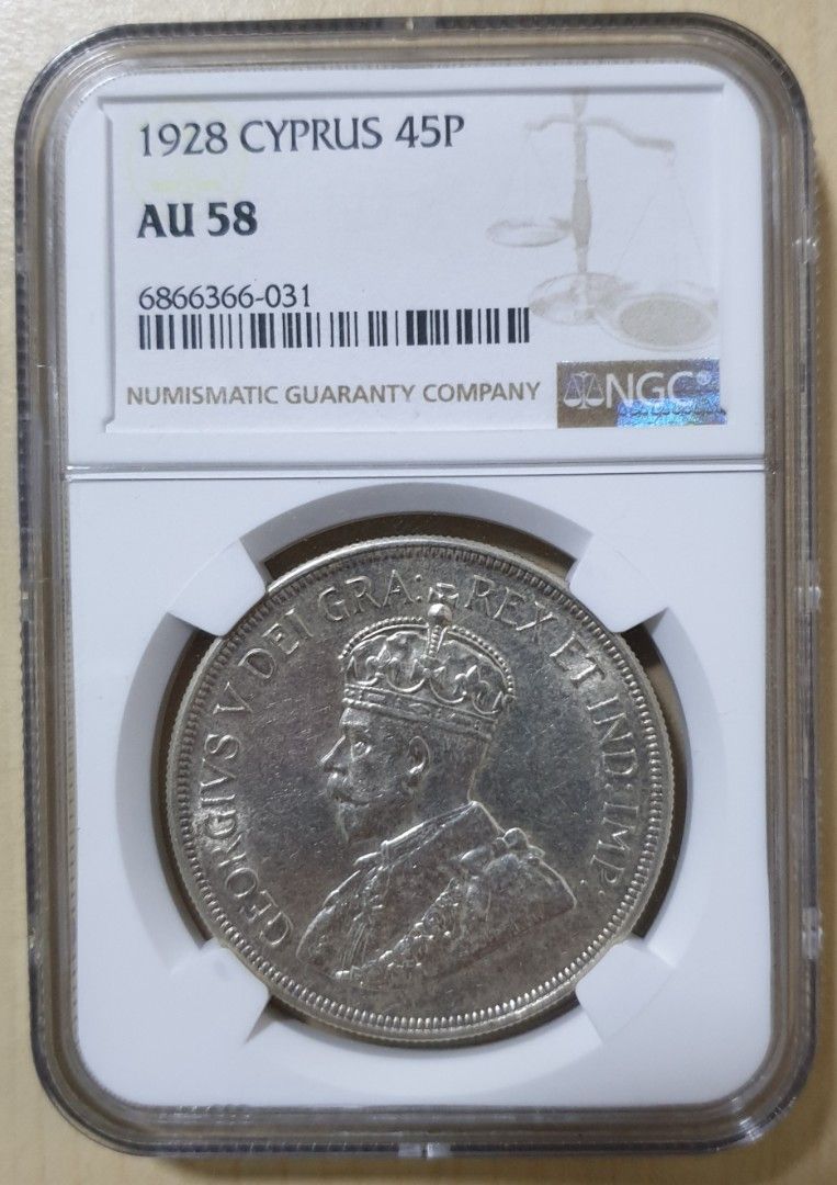 King George V Cyprus 1928 45 Piastres. NGC Graded AU58. FREE