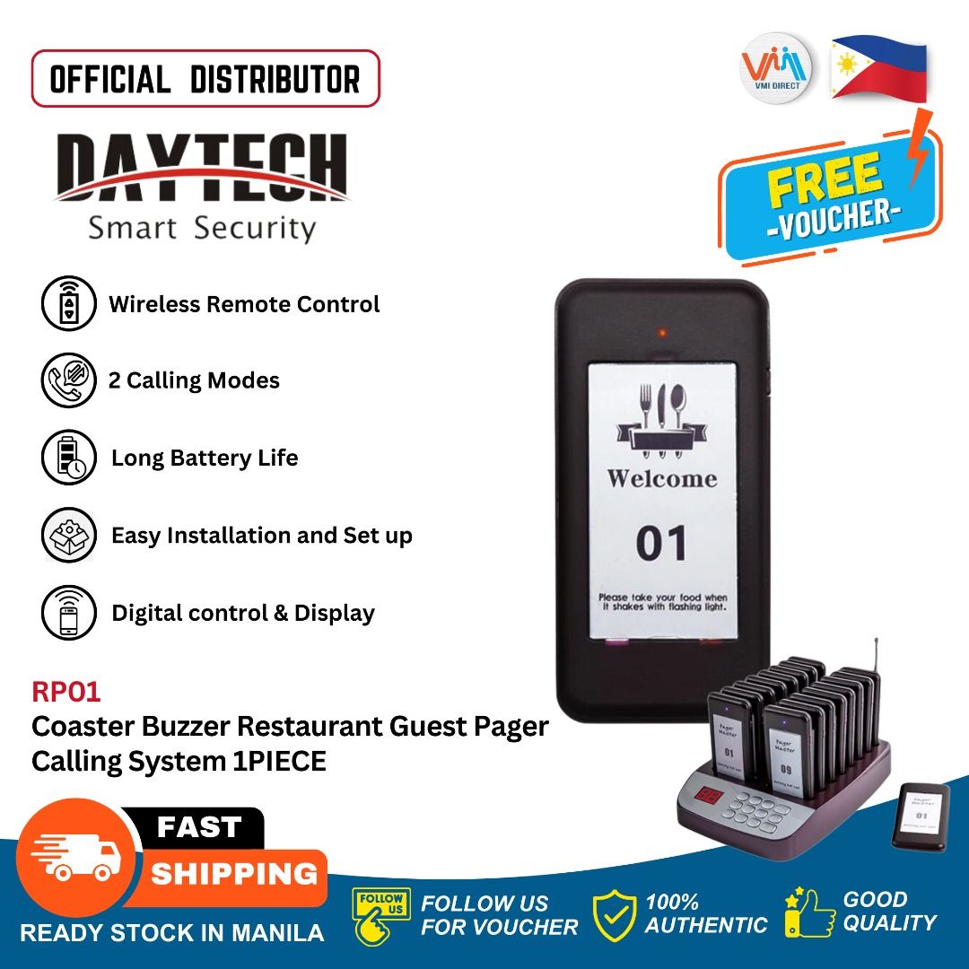 DAYTECH 10PC Coaster Buzzer Restaurant Guest Pager Calling System 300m Long Range Beeper | RP01 (Category: Microphones) located in Manila. Submitted by vmidirect (Listing ID 1286996974, Image 2). Description: Daytech Restaurant Pager Improve Work Efficiency Guest come to the restaurant and makes an order will get a receiver with corresponding number from the waiter.When the order is ready, the waiter at the counter will press the number on the ke
