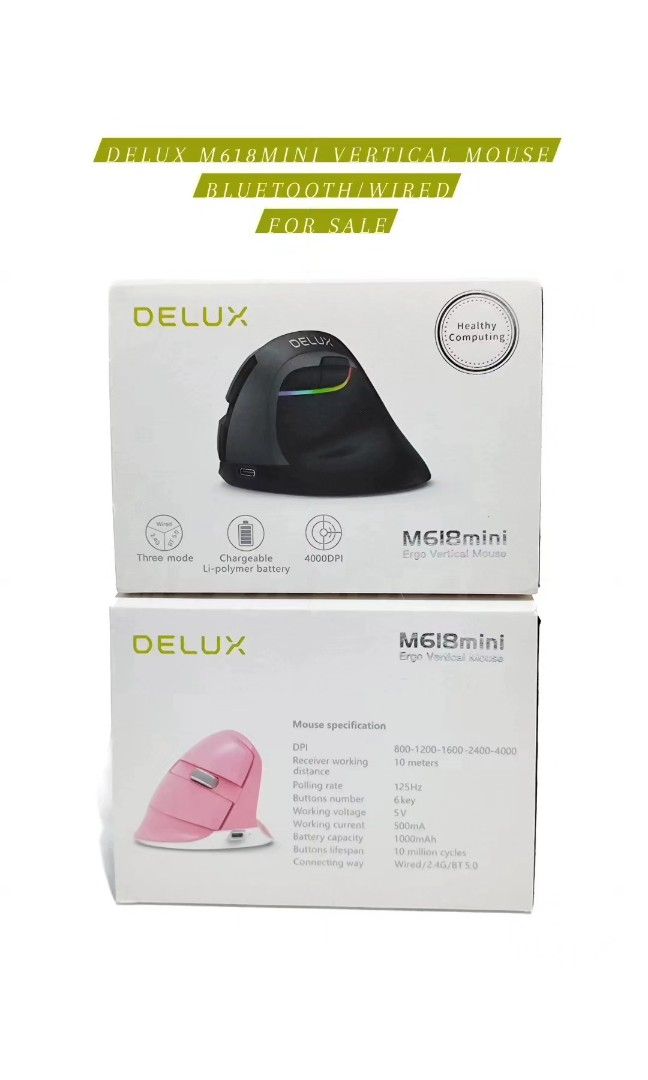 Deluxe M618 mini vertical mouse (wireless and wired) (Category: Mouse & Mousepads) located in Mandaluyong City. Submitted by cbawag (Listing ID 1287056103, Image 1). Description: Deluxe M618 mini vertical mouse (wireless and wired) available colors blue ,pink , black , gold and black condition: brand new.